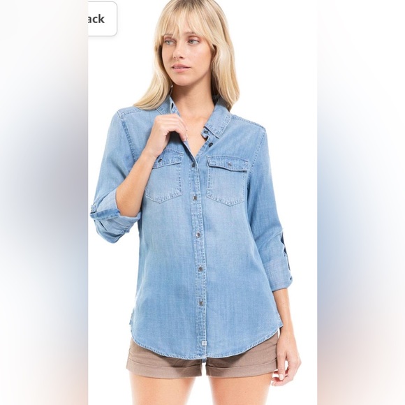 COPY - Design by Olivia Women's Long/Roll Up Sleeve Button Down Denim Chambray … - Picture 4 of 5